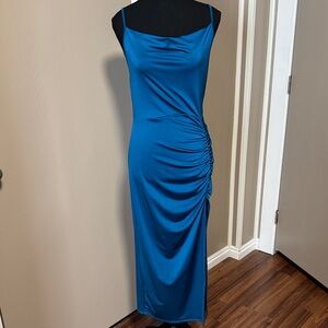 Satin Teal Cowl Neck Maxi Dress with Side Ruched Detail